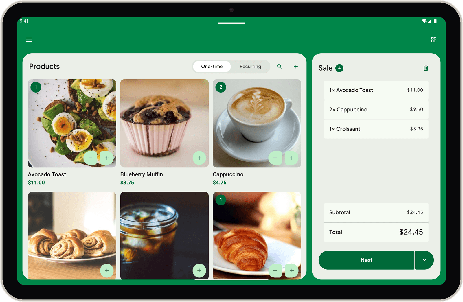 Payment for Stripe auf einem Android-Tablet: eine Produktübersicht links und ein Warenkorb mit einem Gesamtbetrag von 24,45 $ rechts.