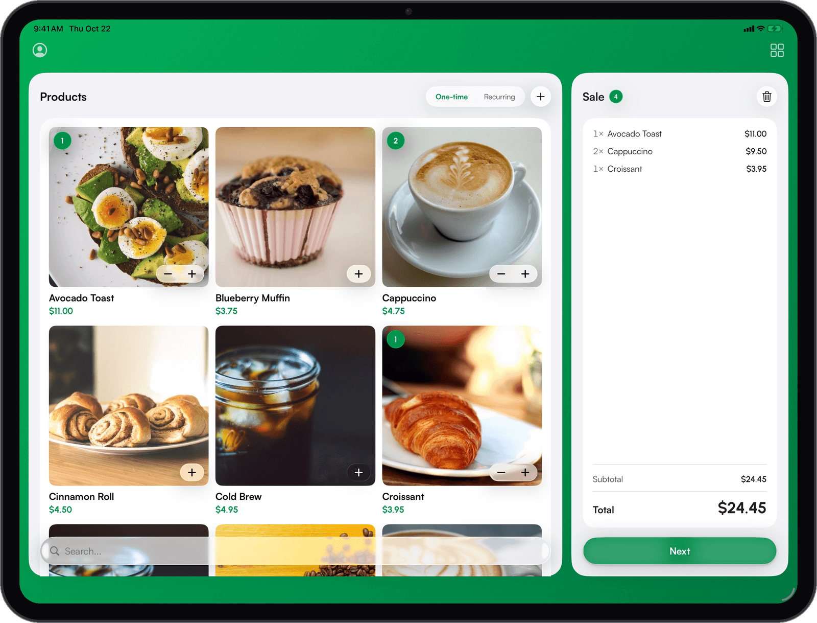 Payment for Stripe auf dem iPad mit dem Produktkatalog neben dem Warenkorb und auf einem Android-Telefon