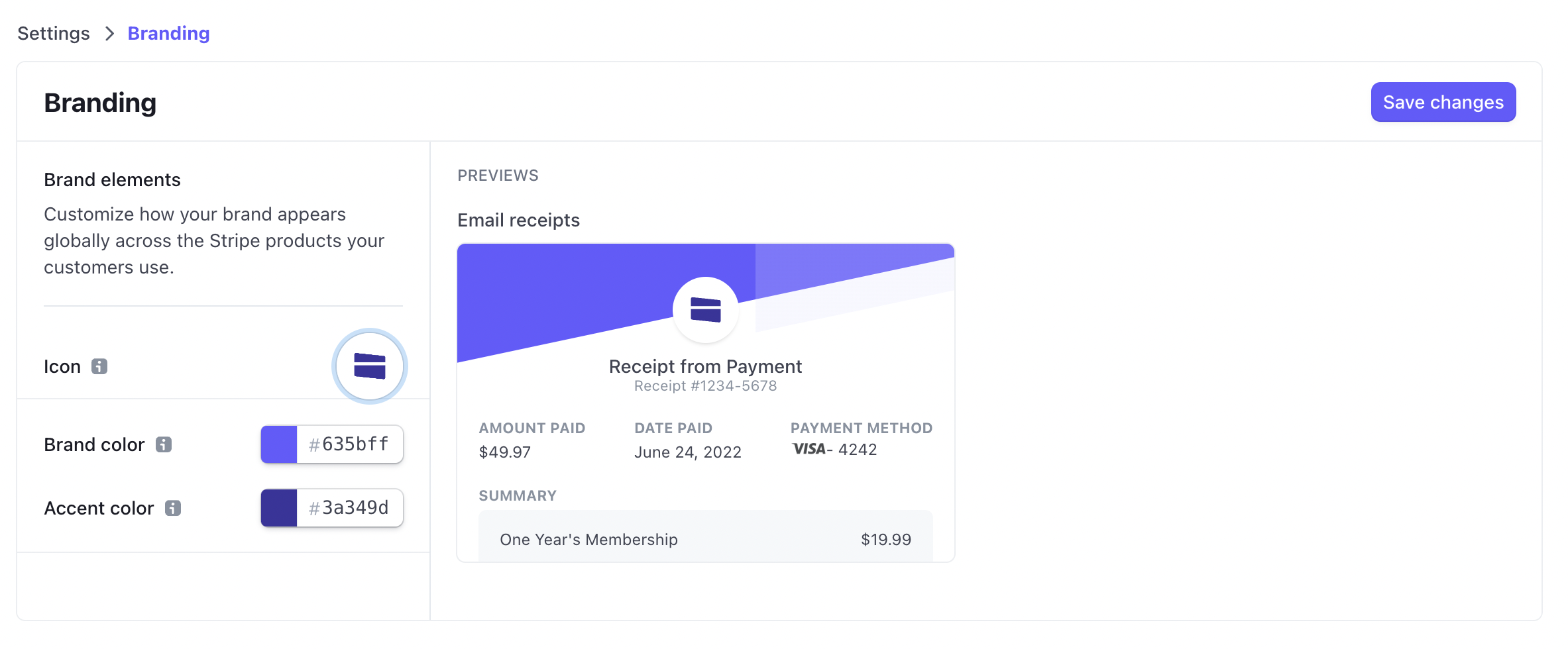 Stripe Dashboard branding settings showing icon, brand color, and accent color customization with a receipt preview